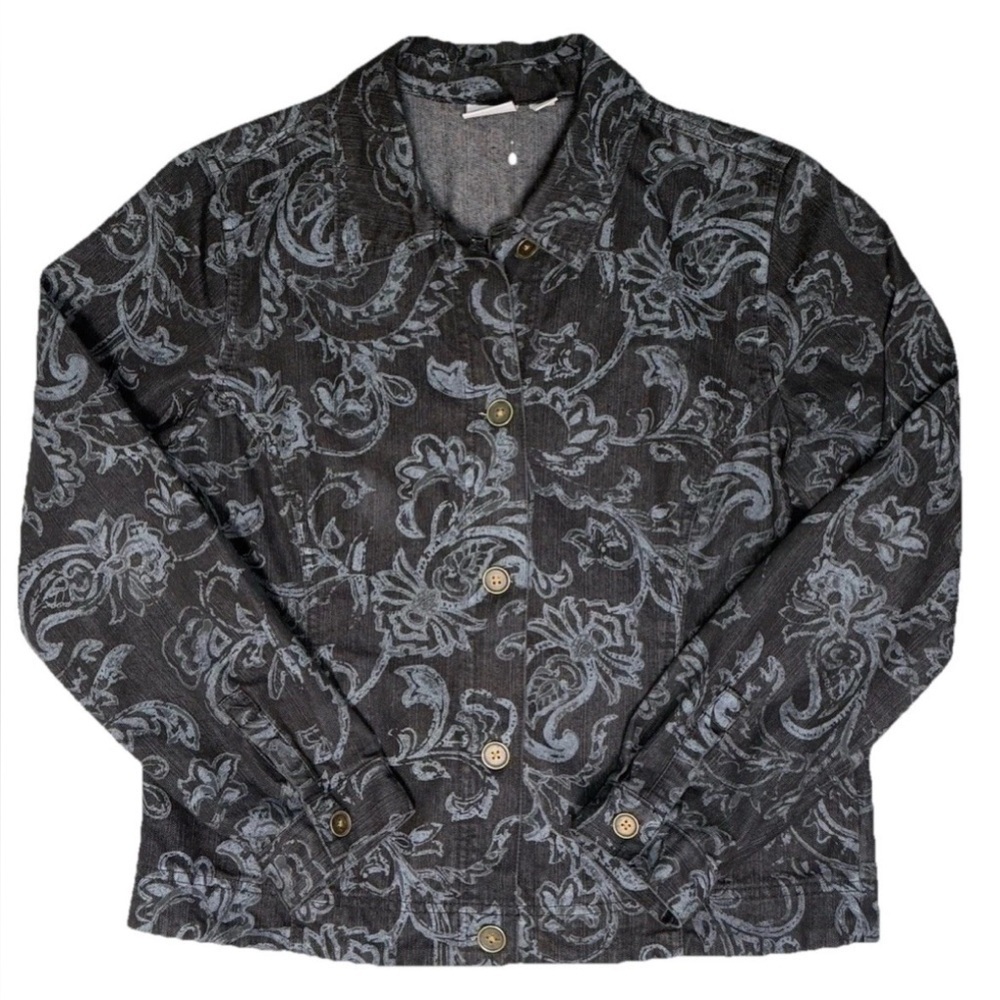 Women's Black Denim Gray Floral Button Front Jacket Coat Size Med M Pappagallo - Picture 4 of 7
